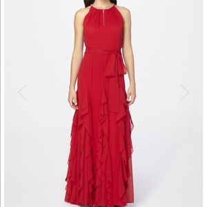 Tahari red full length ruffle skirt gown